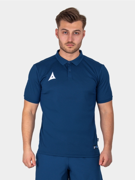 	A Male Model wearing the Avec Focus 2 Navy Blue Tech Polo, plain Navy button up tee