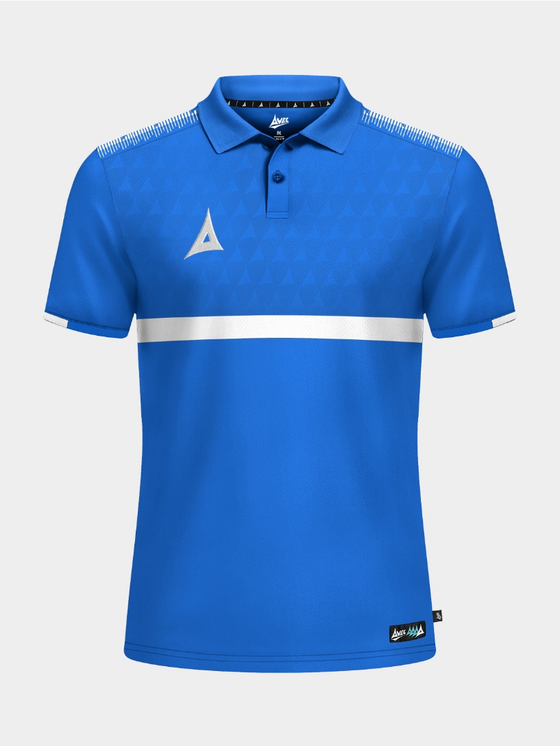 	Front view of the Royal Blue Evolve Pro Tech Polo, showcasing the two-button placket and technical debossed front.