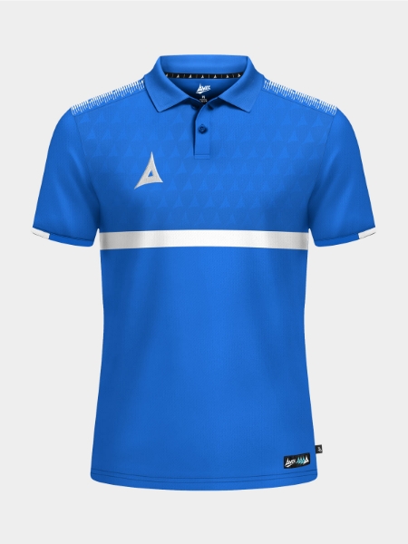 	Front view of the Royal Blue Evolve Pro Tech Polo, showcasing the two-button placket and technical debossed front.