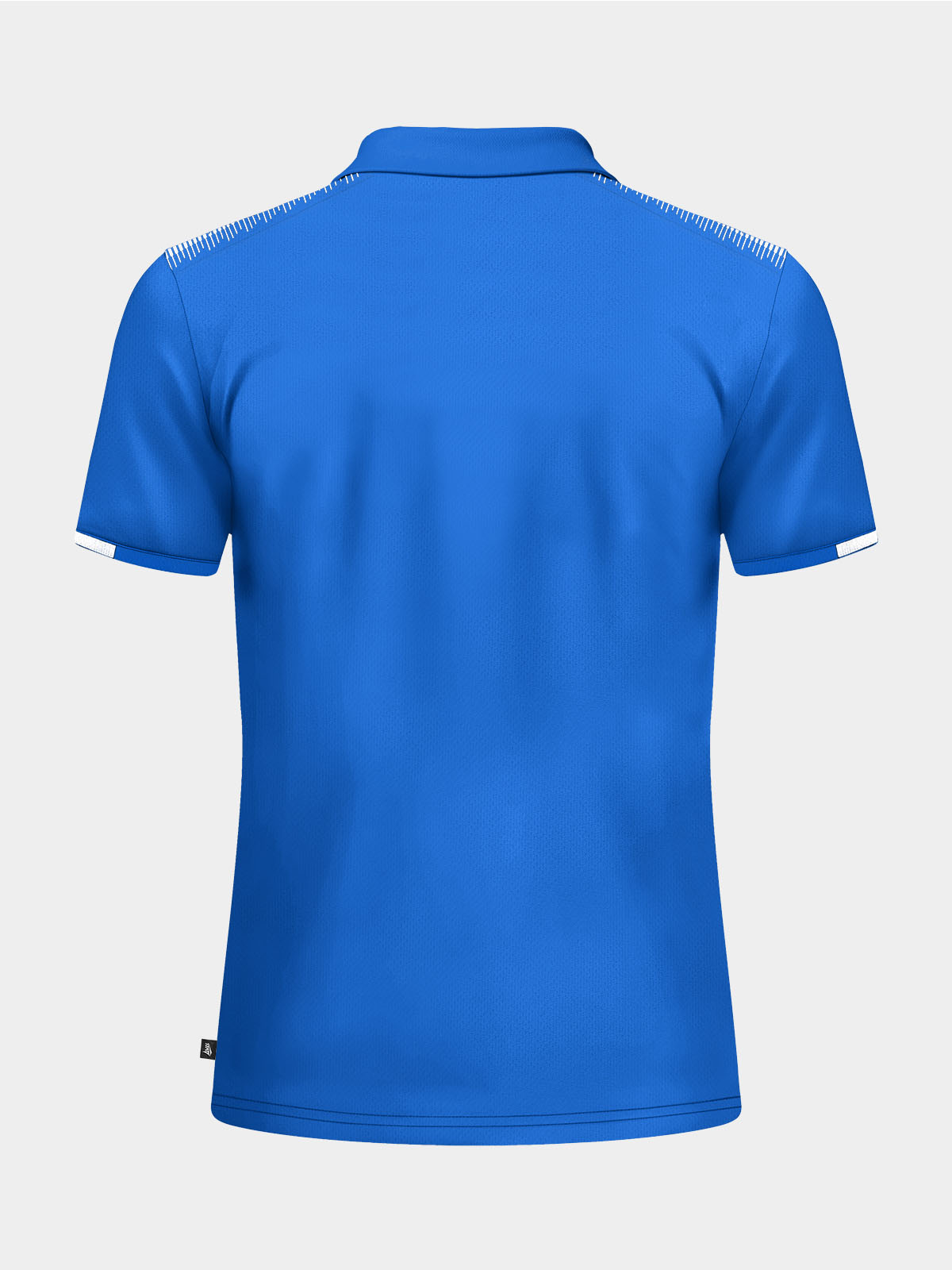 	back view of the royal blue travel polo, offering a clean layout for club branding.