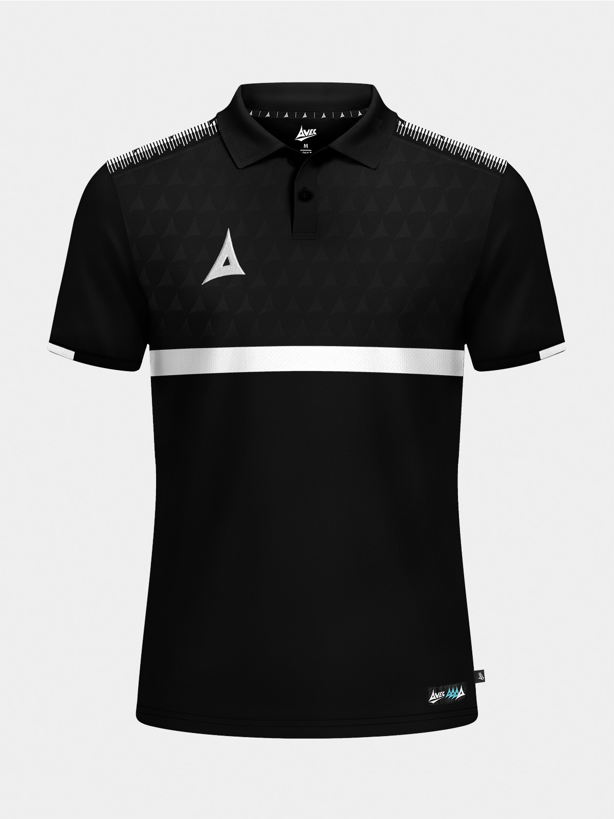 	front view of the black evolve pro tech polo, featuring a smart flat knit collar and subtle debossed front panel
