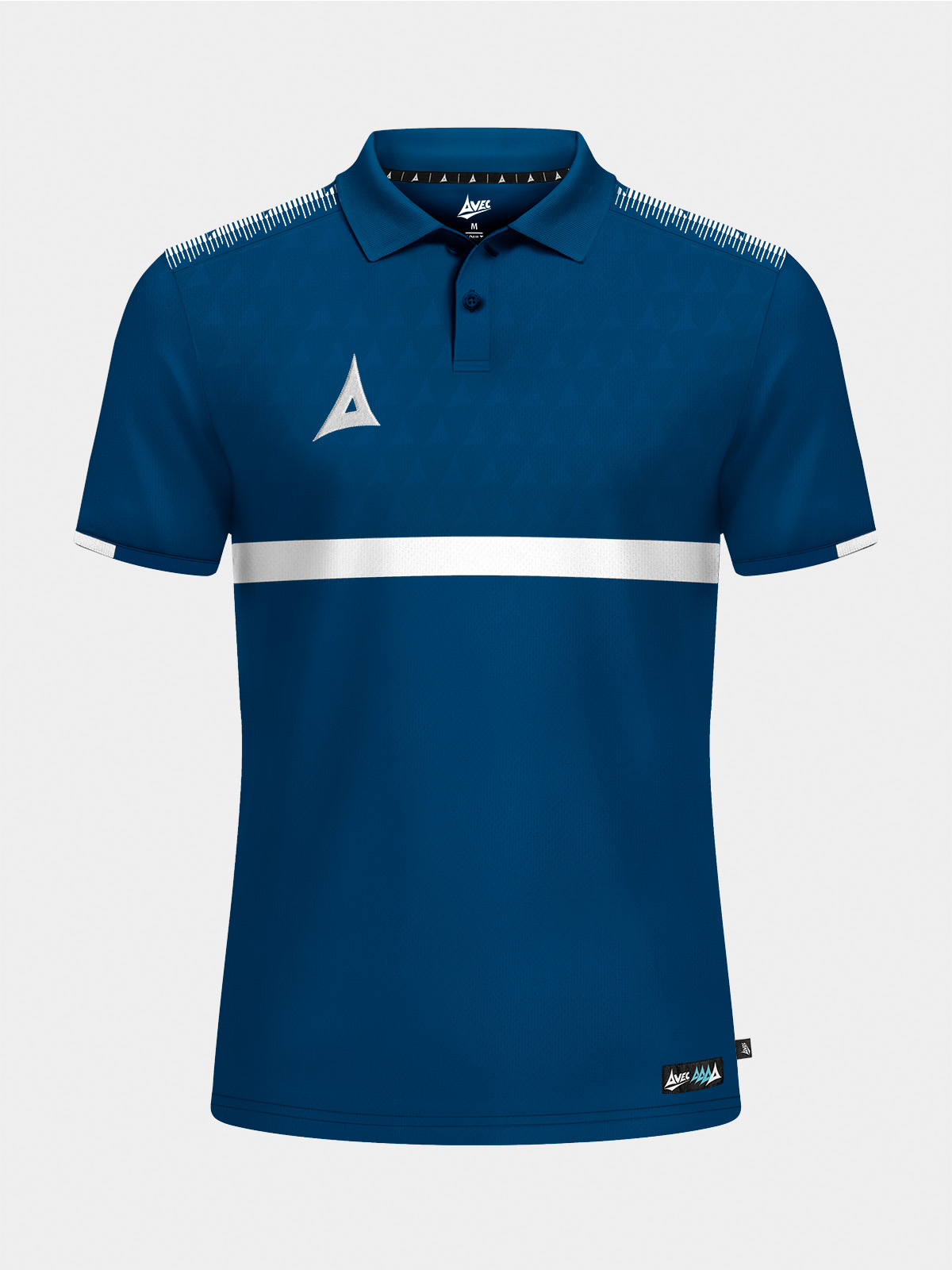 	front-facing view of the navy evolve pro tech polo with a classic ribbed collar and debossed 'a' logo texture.