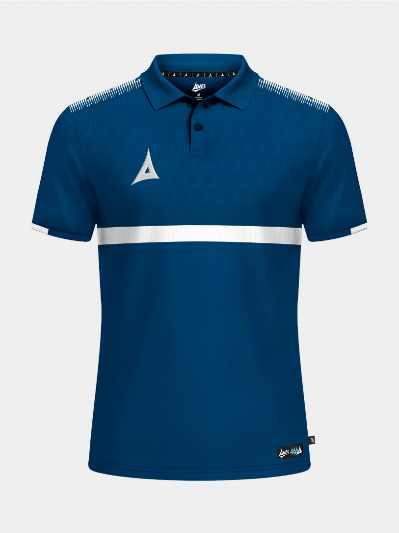 	Front-facing view of the Navy Evolve Pro Tech Polo with a classic ribbed collar and debossed 'A' logo texture.