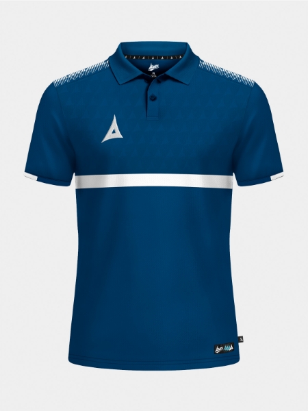 	Front-facing view of the Navy Evolve Pro Tech Polo with a classic ribbed collar and debossed 'A' logo texture.