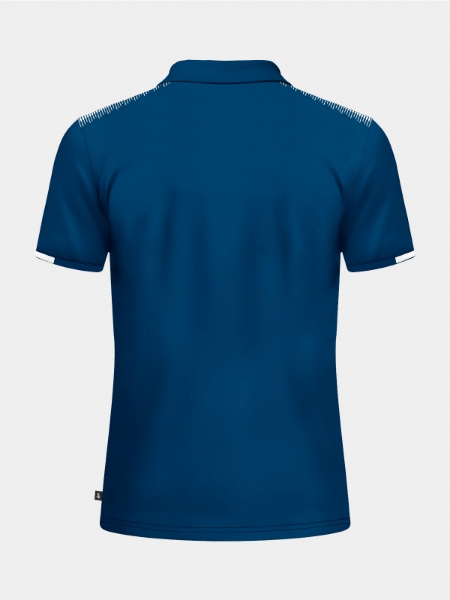 	Rear perspective of the Navy travel polo, tailored for professional squad and staff representation.