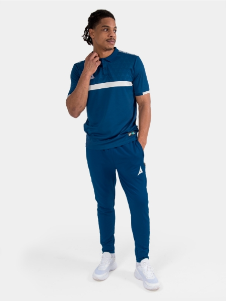	Full-length view of the Navy travel kit on-model, featuring the Pro Tech Polo and presentation gear.