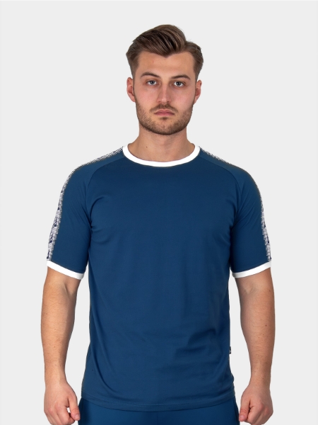 	A Male Model wearing the Avec Evolve Navy T-Shirt, Plain Navy Graphic tee
