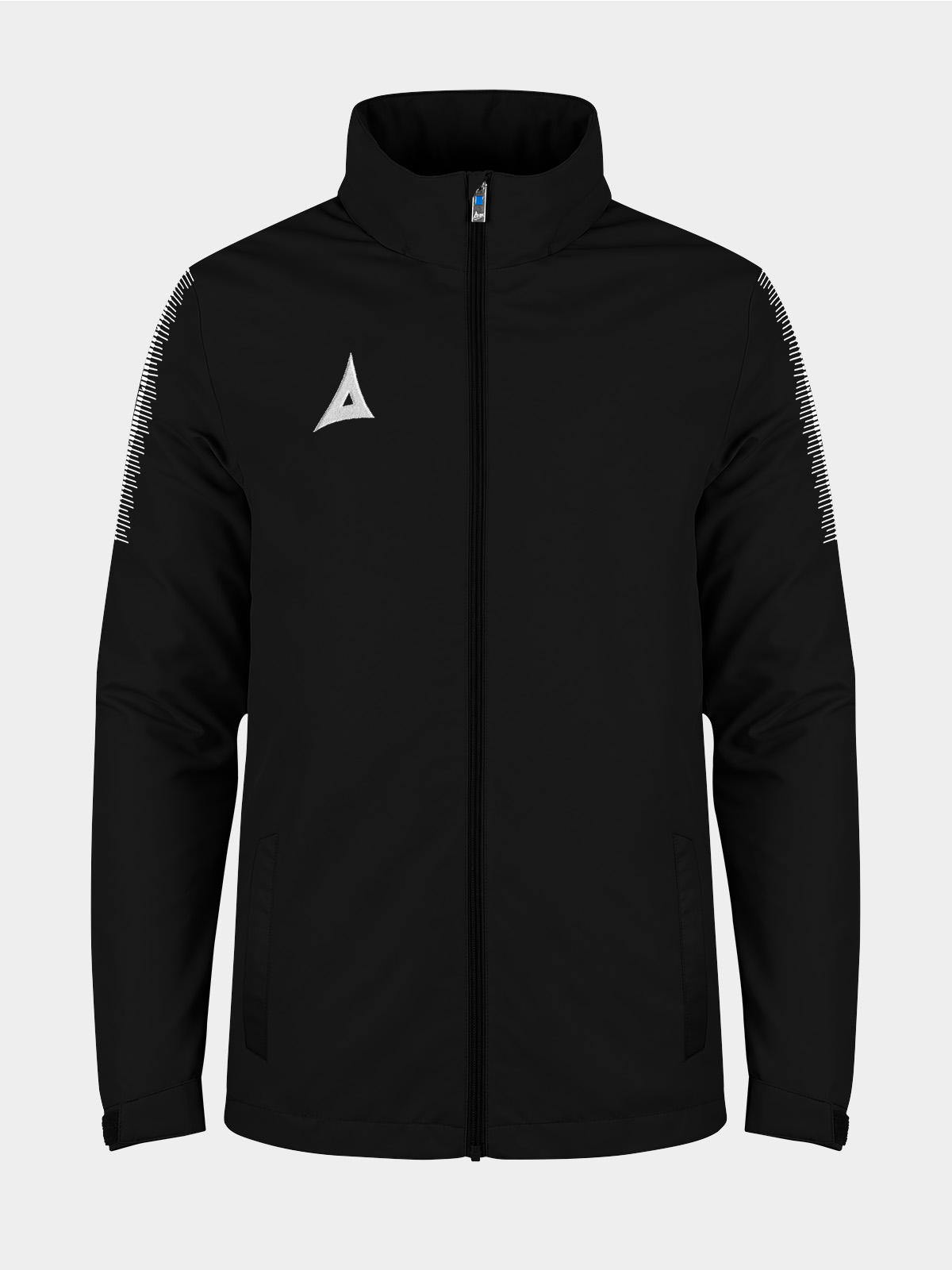 evolve rain jacket black front view showing full length zip and water-resistant shell