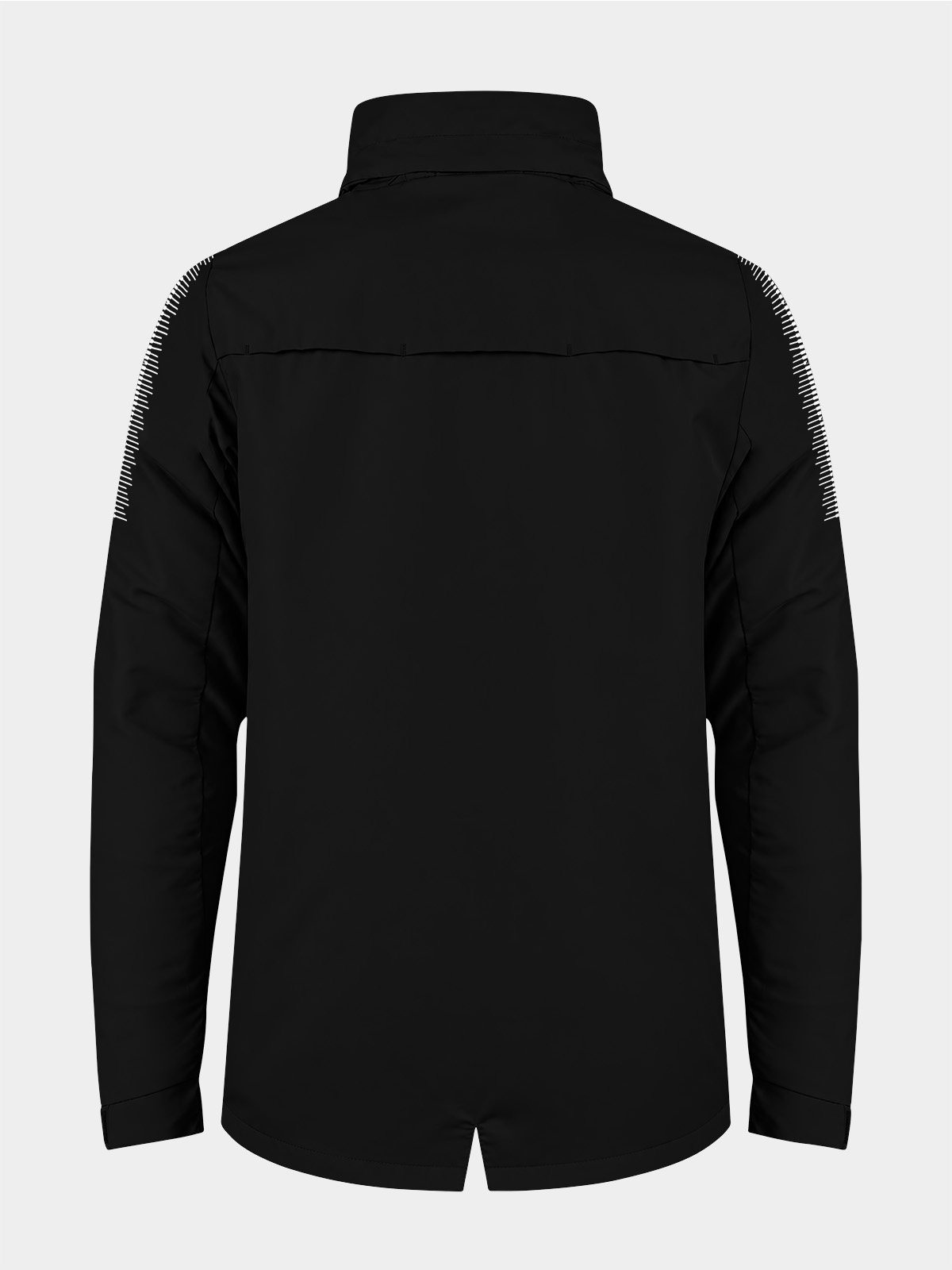 black evolve rain jacket rear view showing fishtail cut and size adjuster toggles on hem