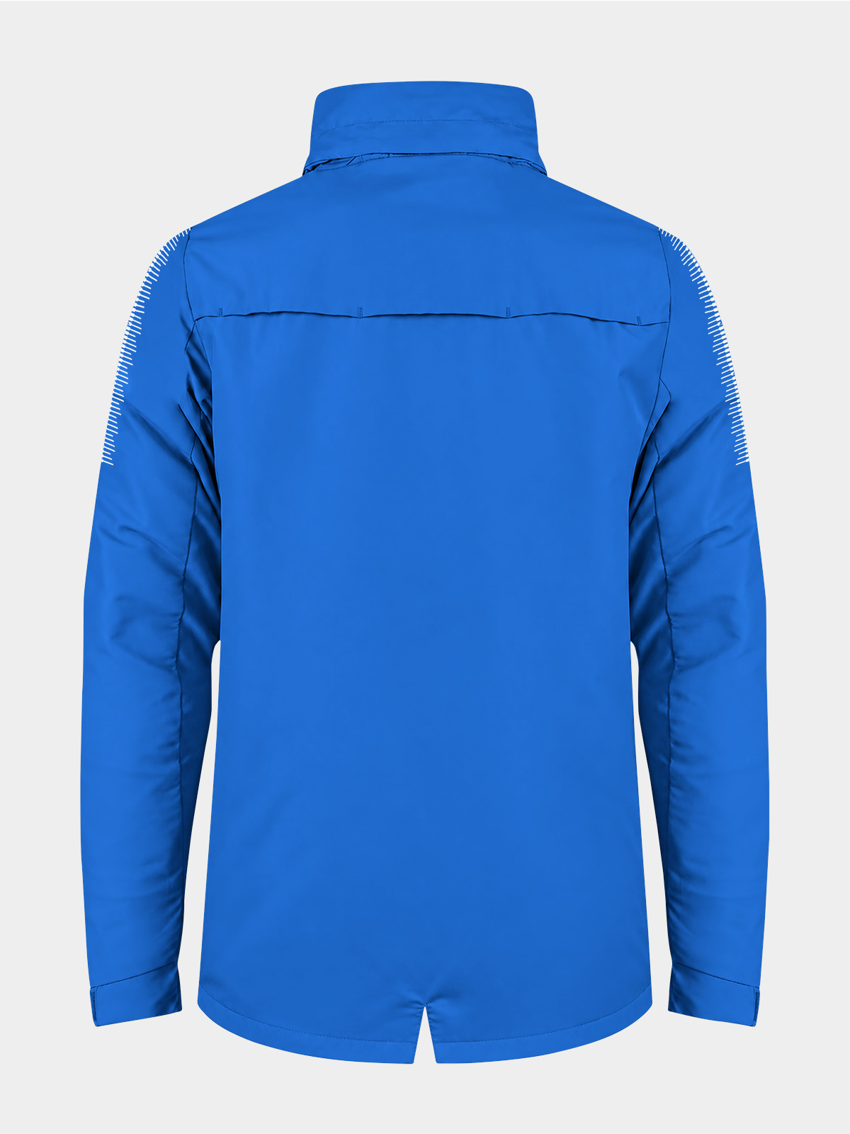 	evolve rain jacket royal blue back view showing fishtail cut and hem adjuster toggles