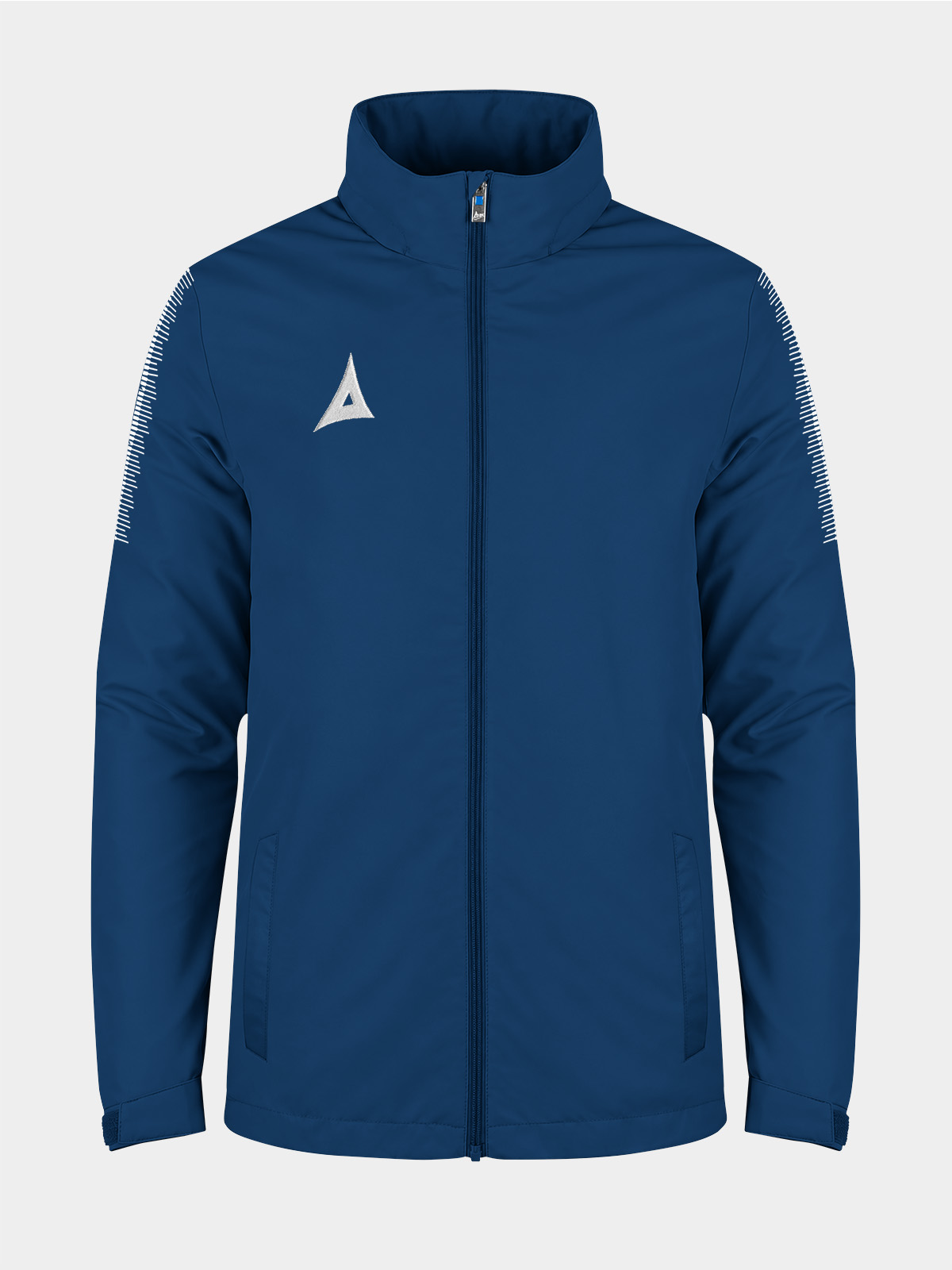 	navy evolve rain jacket front view showing concealed side pockets and avec embroidered logo