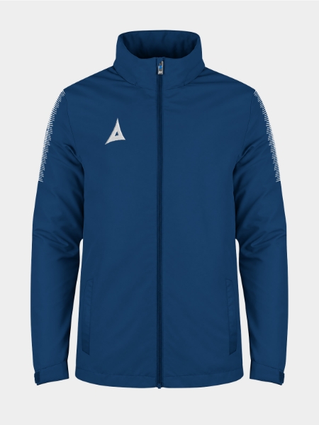 	Navy Evolve Rain Jacket front view showing concealed side pockets and Avec embroidered logo