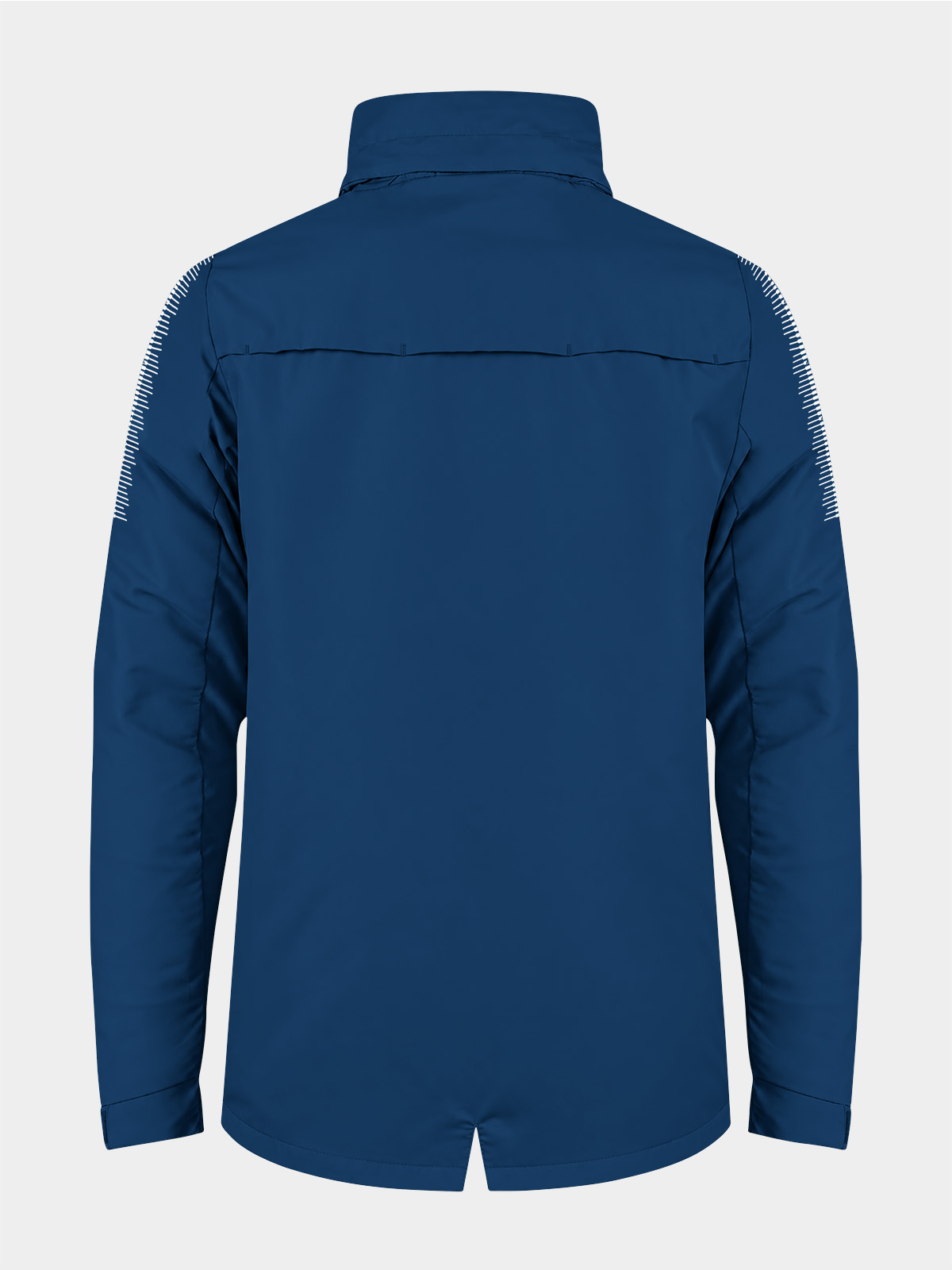 evolve rain jacket navy rear view showing fishtail cut for rear coverage during movement