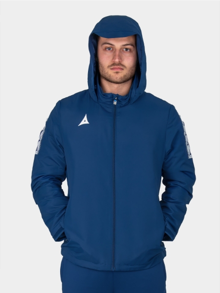 Adult model wearing navy Evolve football rain jacket - lightweight water-resistant shell