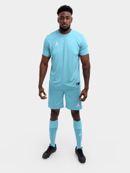 	An adults football kit in sky and matching sky blue shorts and socks