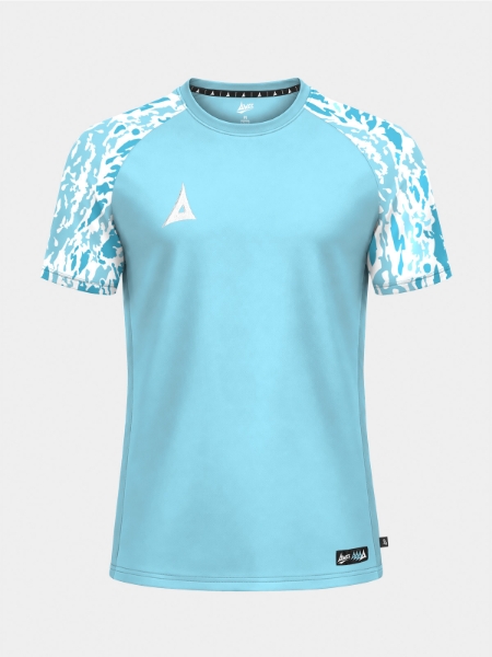 	Front View: Front-facing shot of the Hyper Sky Classic Pro Jersey, featuring a vibrant sky blue torso and dynamic camo-patterned sleeves