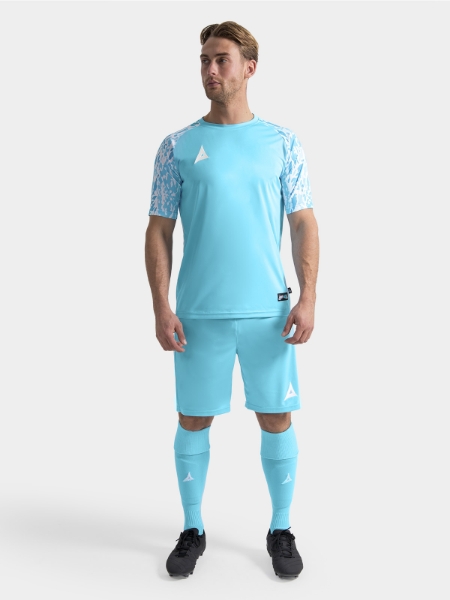 	Full matchday kit view of the Hyper Sky jersey on-model, paired with matching professional teamwear shorts and socks.