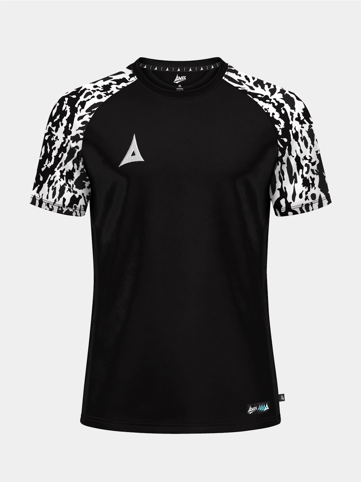 	the black classic pro jersey shown from the front, featuring a stealth-inspired torso and camo sleeves.