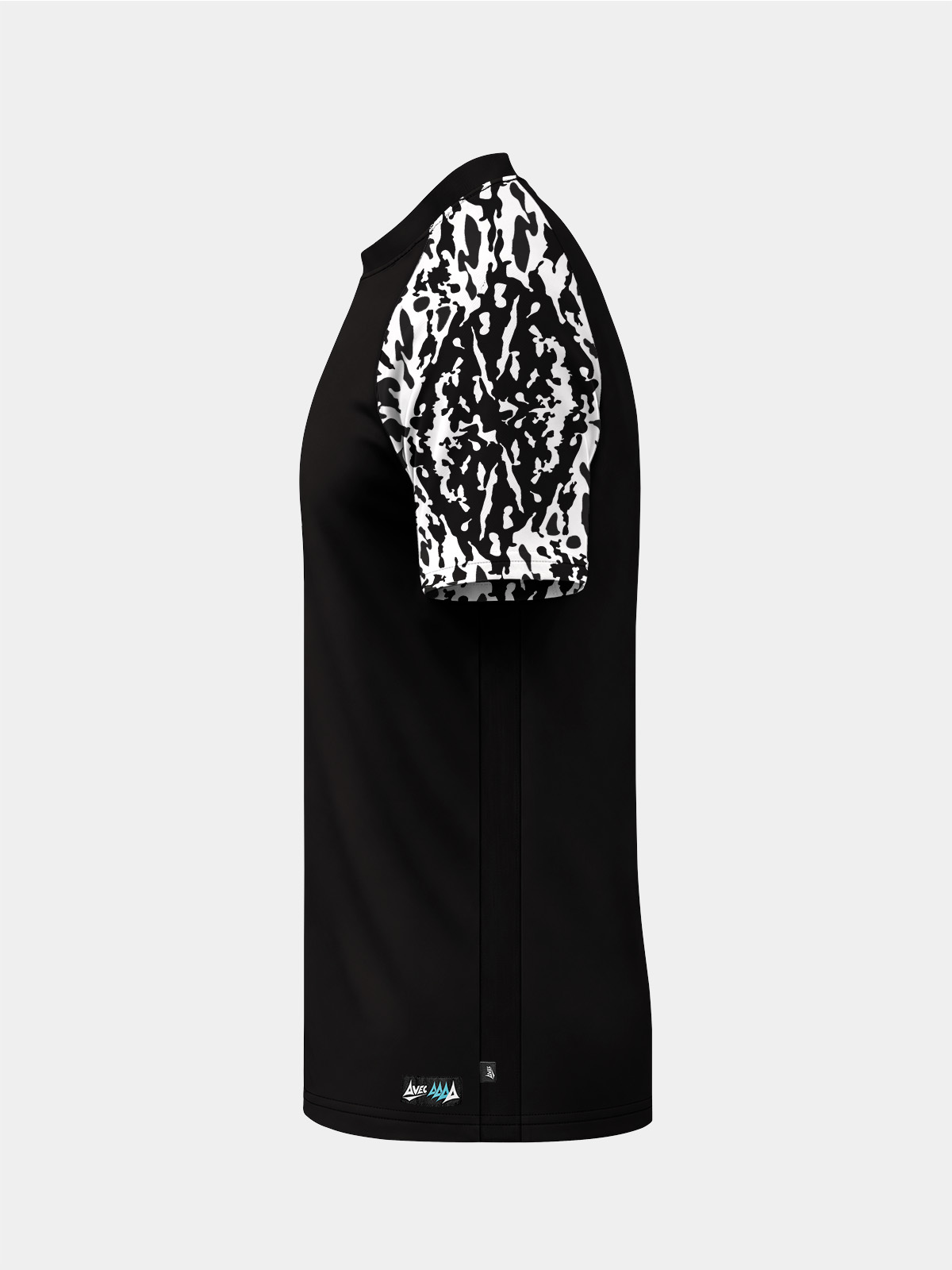 	side perspective of the black jersey highlighting the ventilation mesh and technical fabric build.