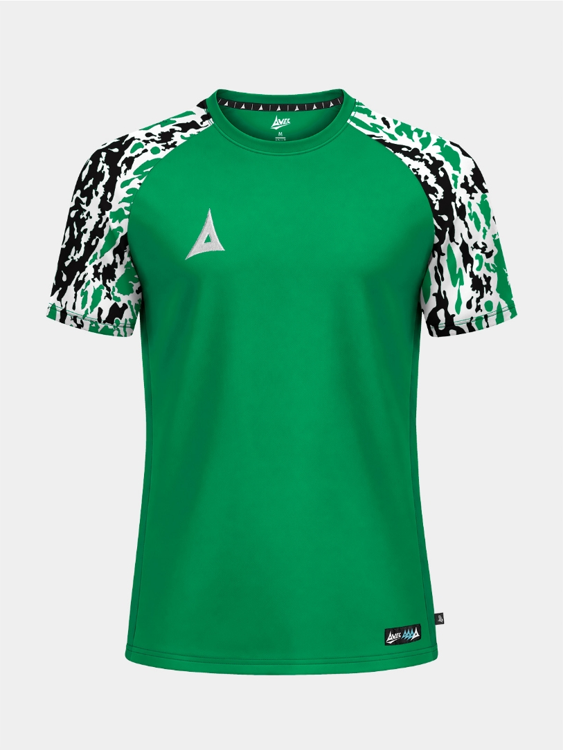 	Front-facing shot of the Green Classic Pro Jersey with a bold green torso and tonal camo-effect sleeves