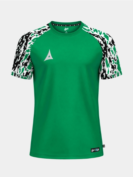 	Front-facing shot of the Green Classic Pro Jersey with a bold green torso and tonal camo-effect sleeves