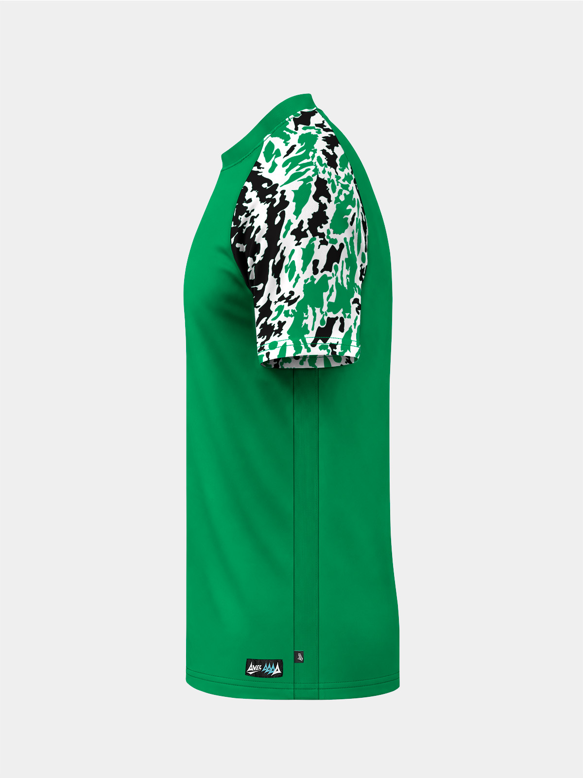	left profile of the green jersey showcasing the integrated mesh inserts for enhanced moisture management.