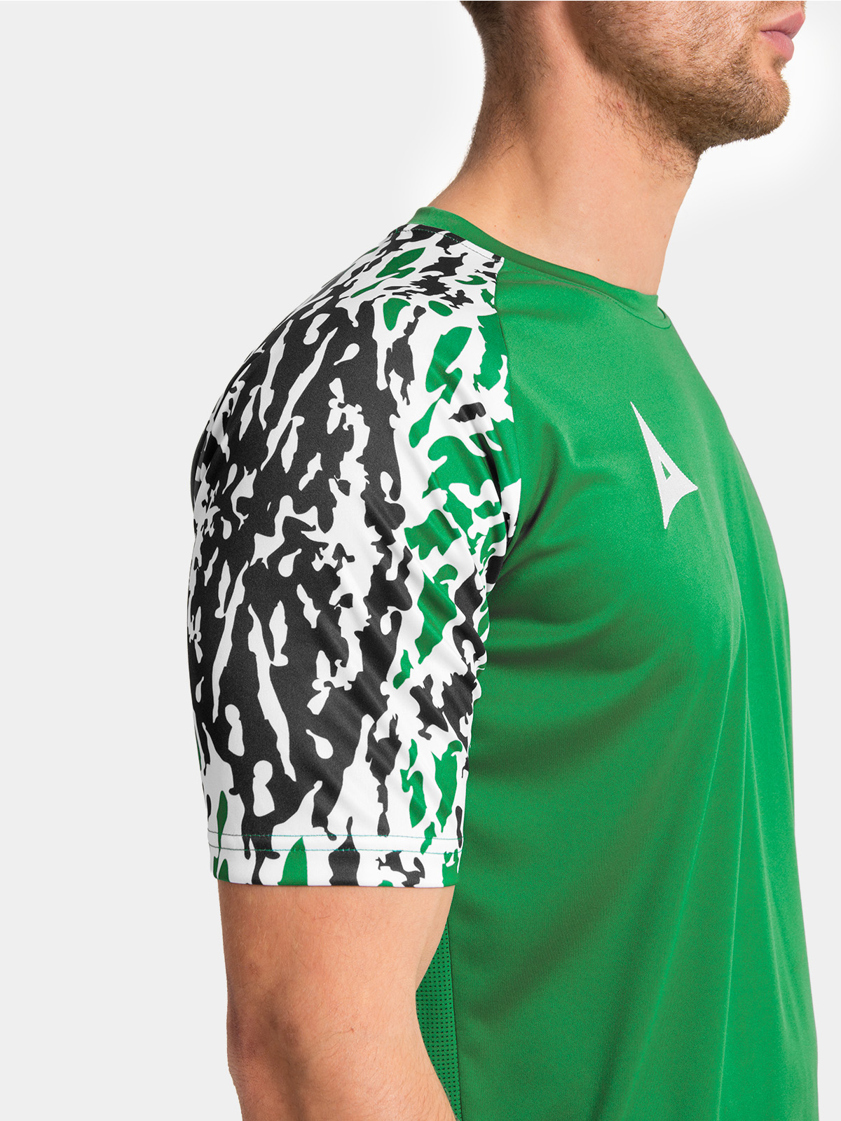 	detailed perspective of the tonal green sublimated camo pattern on the classic pro sleeves.