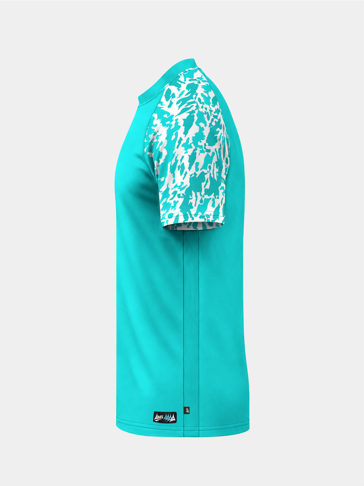 	left side perspective of the hyper blue jersey, highlighting the technical mesh side panels for cooling.	
