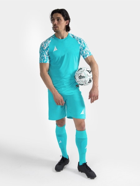 	Complete Hyper Blue matchday kit on-model, demonstrating a unified and professional on-pitch aesthetic.