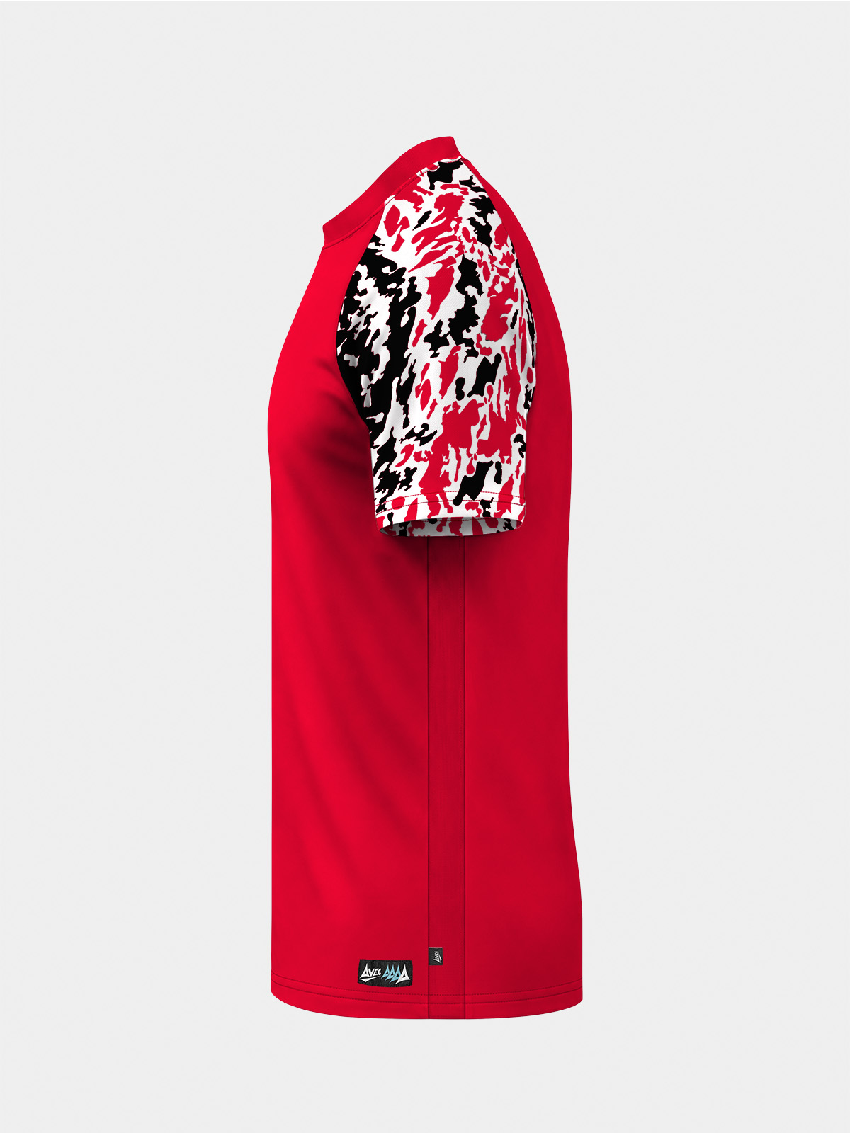 	side perspective of the red jersey highlighting the ventilation mesh and technical fabric build.