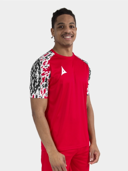 	Upper body view of a model wearing the Red Classic Pro Jersey, showcasing the athletic performance fit.