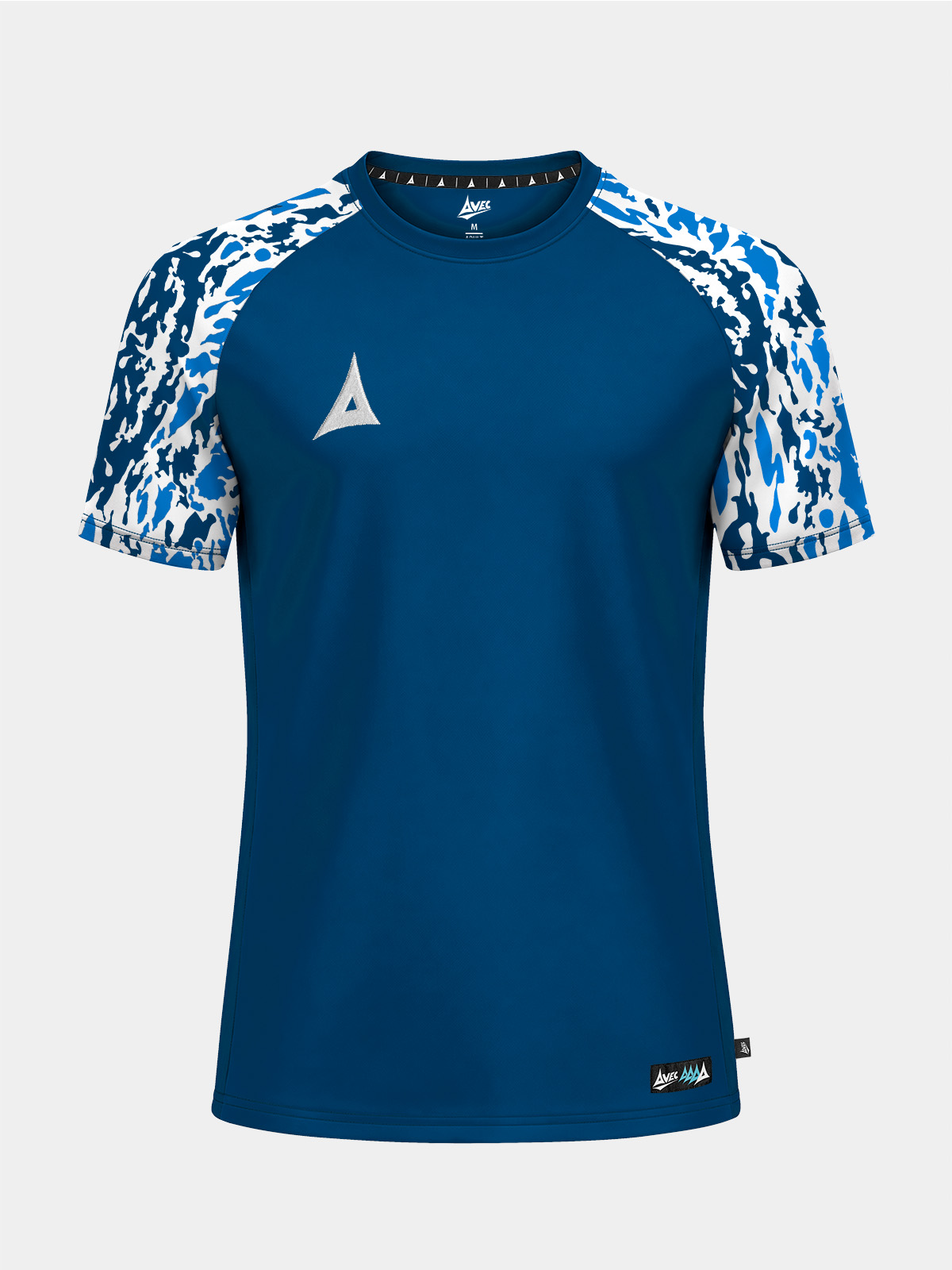 	front view of the navy classic pro jersey, showcasing the deep navy torso and technical camo graphics.