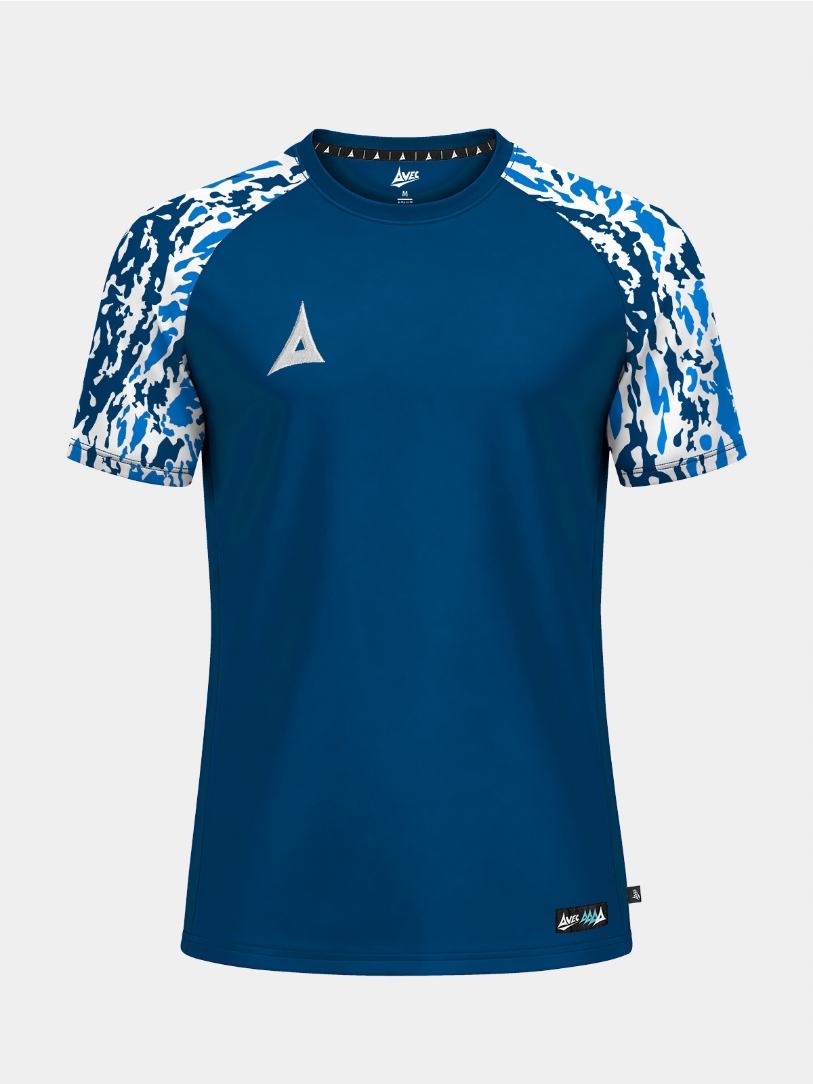 	Front view of the Navy Classic Pro Jersey, showcasing the deep navy torso and technical camo graphics.