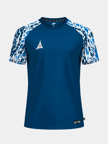 	Front view of the Navy Classic Pro Jersey, showcasing the deep navy torso and technical camo graphics.