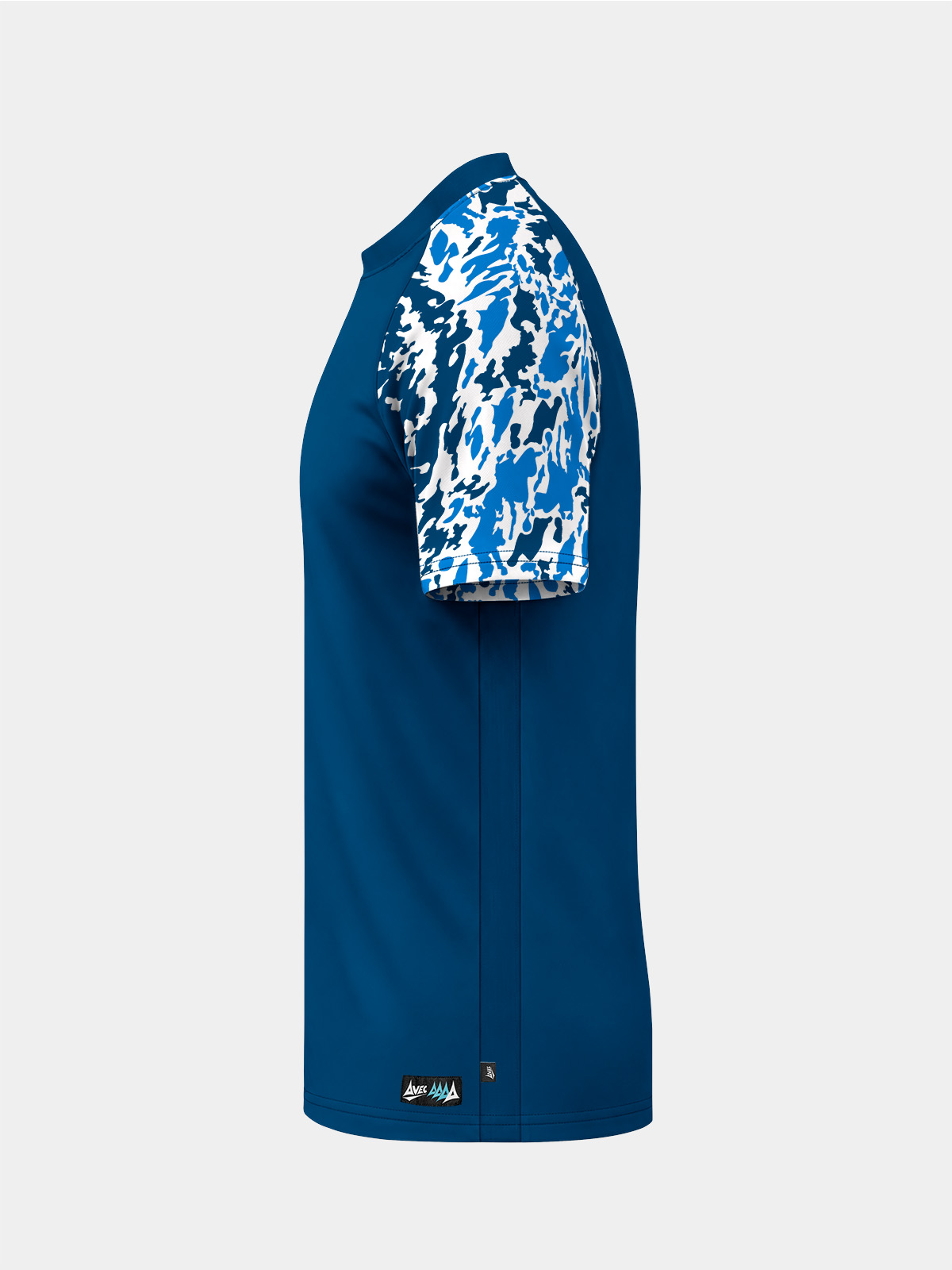 	left side shot of the navy jersey highlighting the tonal mesh side panels for temperature regulation.
