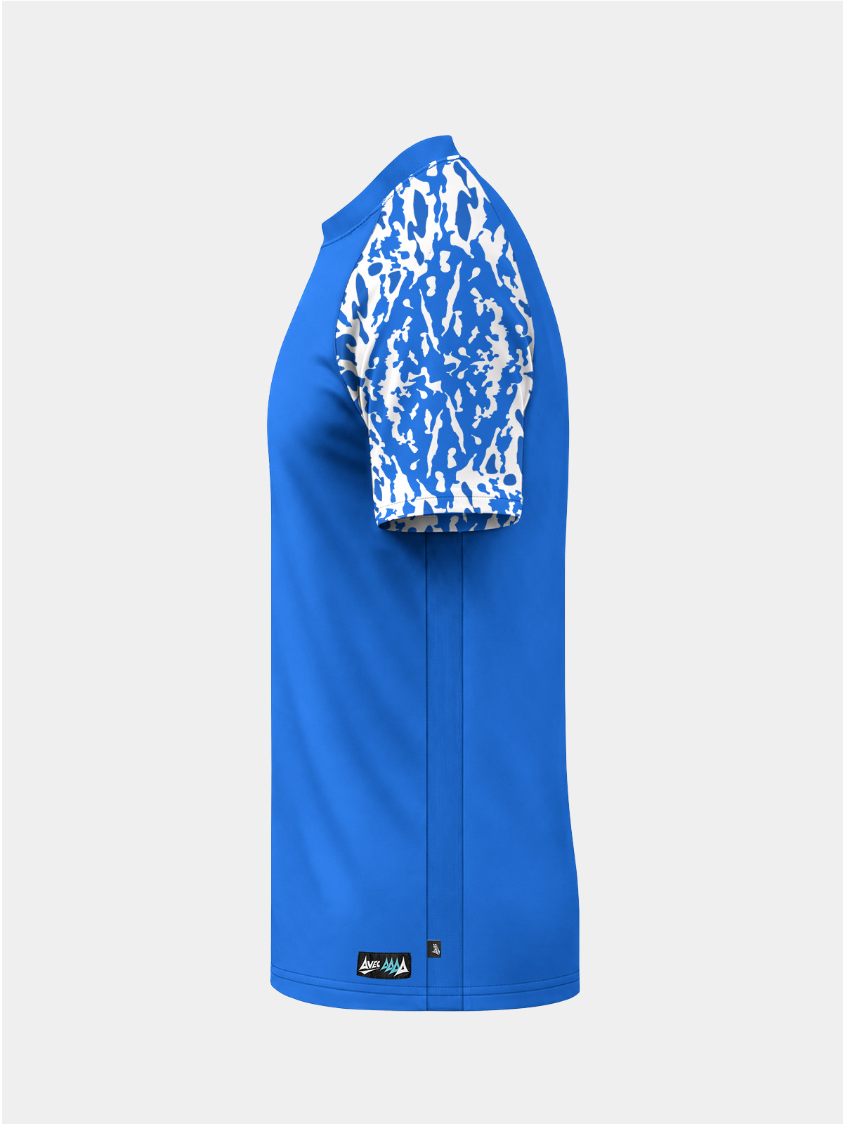 	left profile of the royal blue jersey highlighting the ventilation mesh and technical fabric construction.