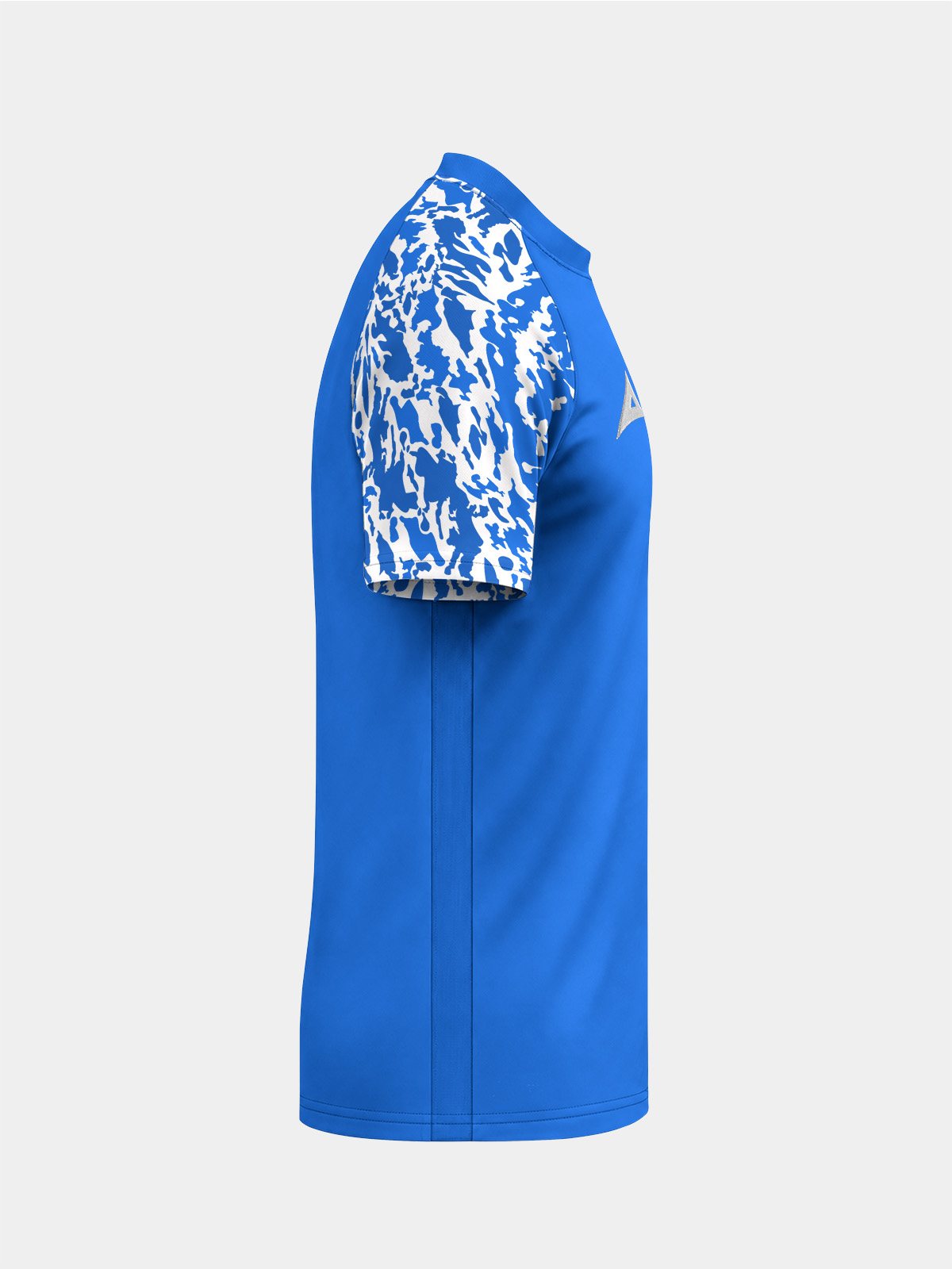 	right side shot of the royal blue classic pro shirt, displaying the streamlined sleeve and embroidered branding.