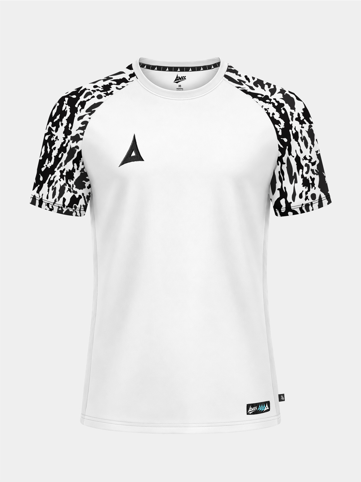 	front-facing shot of the white and black classic pro jersey, featuring a crisp white torso and high-contrast black camo sleeves.