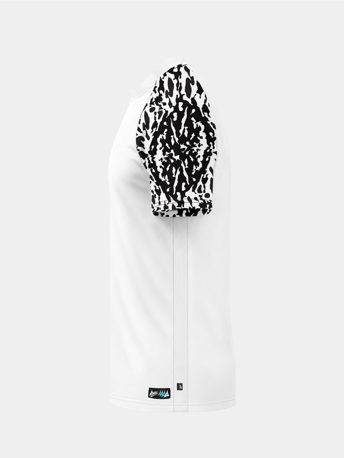 	left profile of the white and black jersey highlighting the black ultra-mesh ¾ side panels for targeted cooling