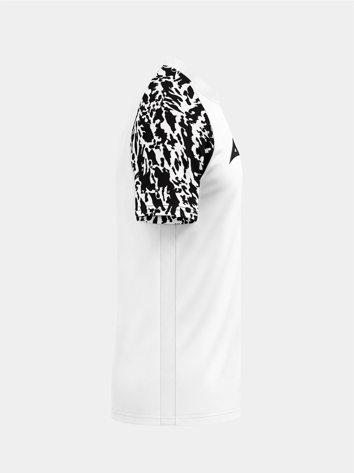 	right side view of the white and black classic pro shirt, displaying the ergonomic sleeve design and moisture-wicking fabric.