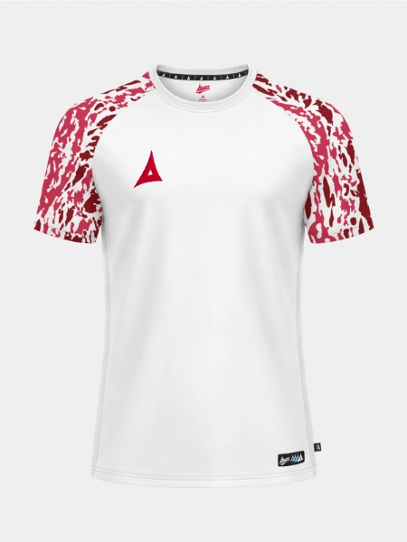 Front-facing shot of the White and Red Classic Pro Jersey, featuring a crisp white torso and high-contrast red camo sleeves.