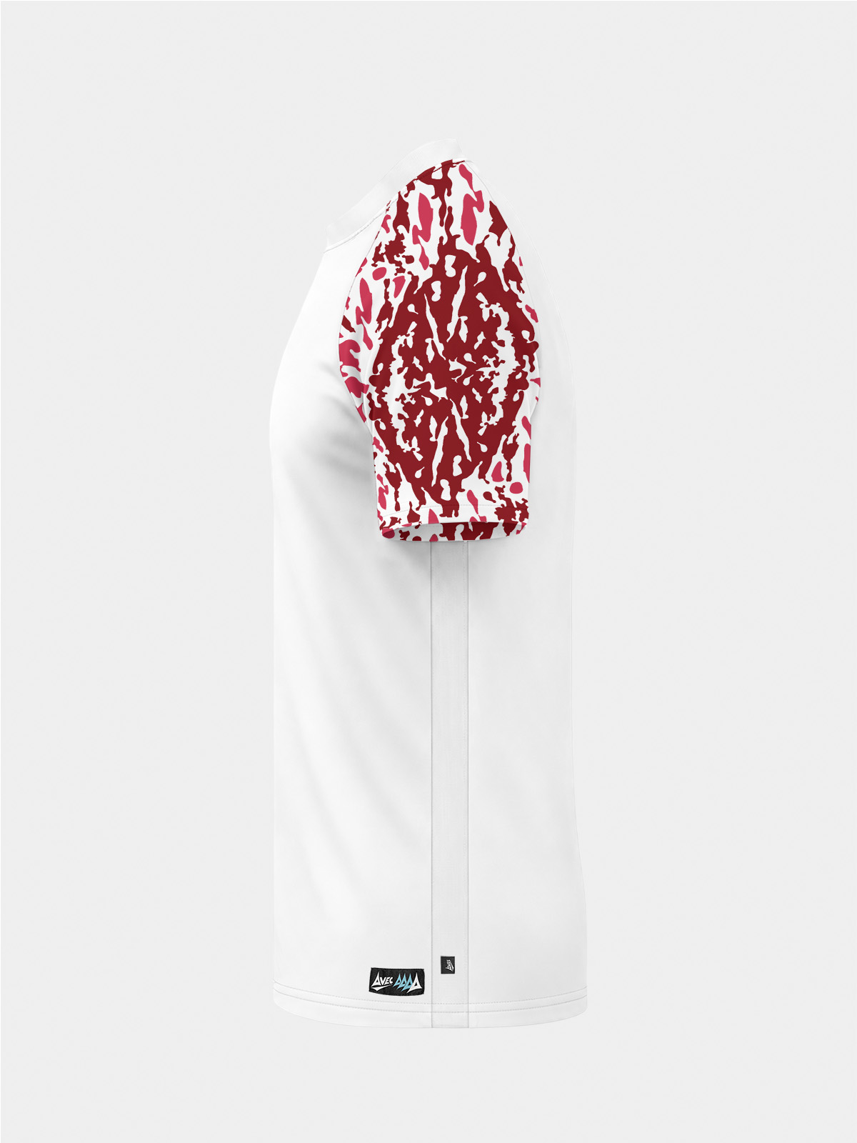 	left side profile highlighting the breathable red ultra-mesh ¾ side panels on the white classic pro shirt.