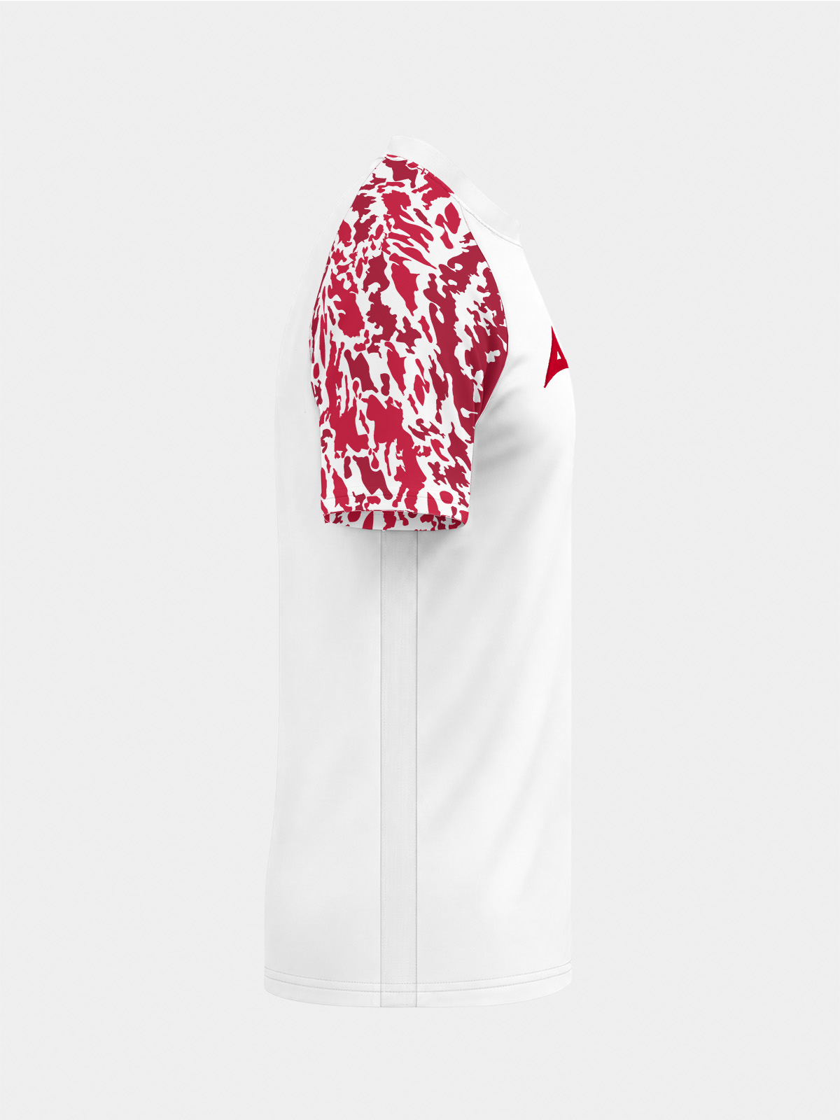 	right side view showing the streamlined pro-fit and contrast sleeve transition on the white and red jersey.
