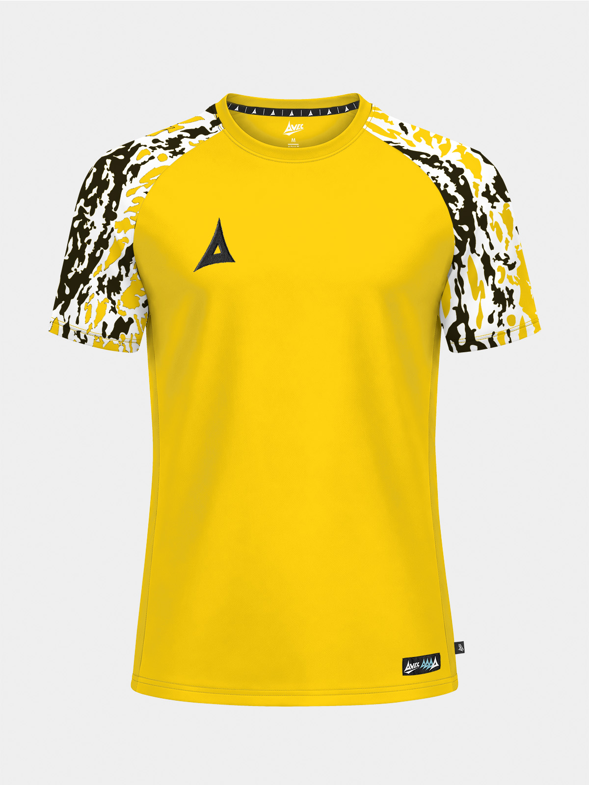 	front view of the high-visibility yellow classic pro jersey, featuring a vibrant yellow torso and tonal camo-patterned sleeves.
