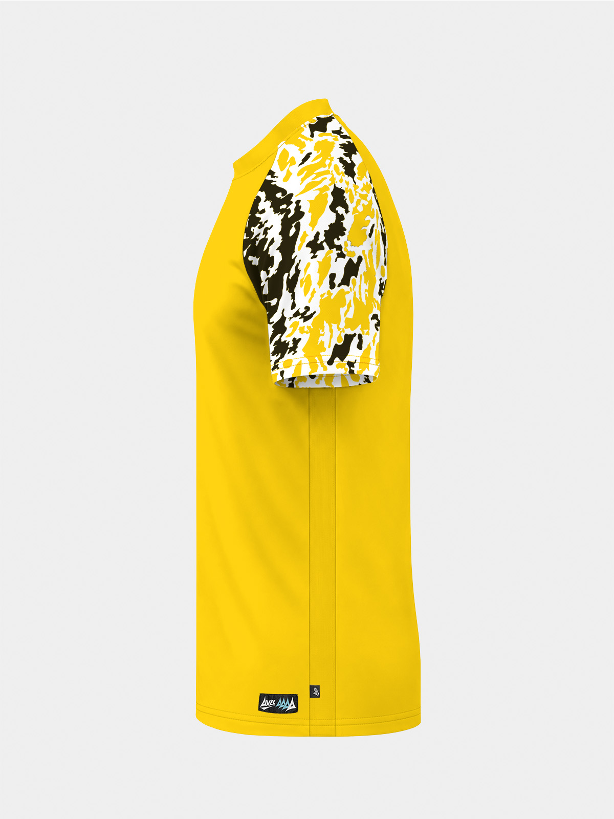 	left profile of the yellow jersey highlighting the integrated mesh side panels for enhanced breathability.