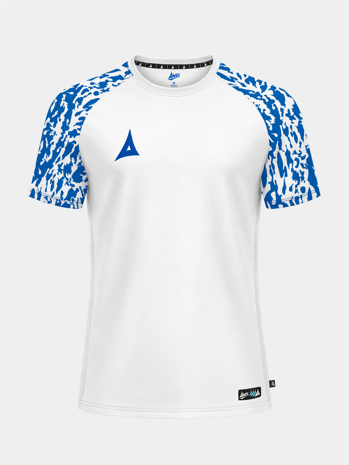 	a professional front view of the white and royal blue classic pro jersey with a white body and royal blue camo sleeves.