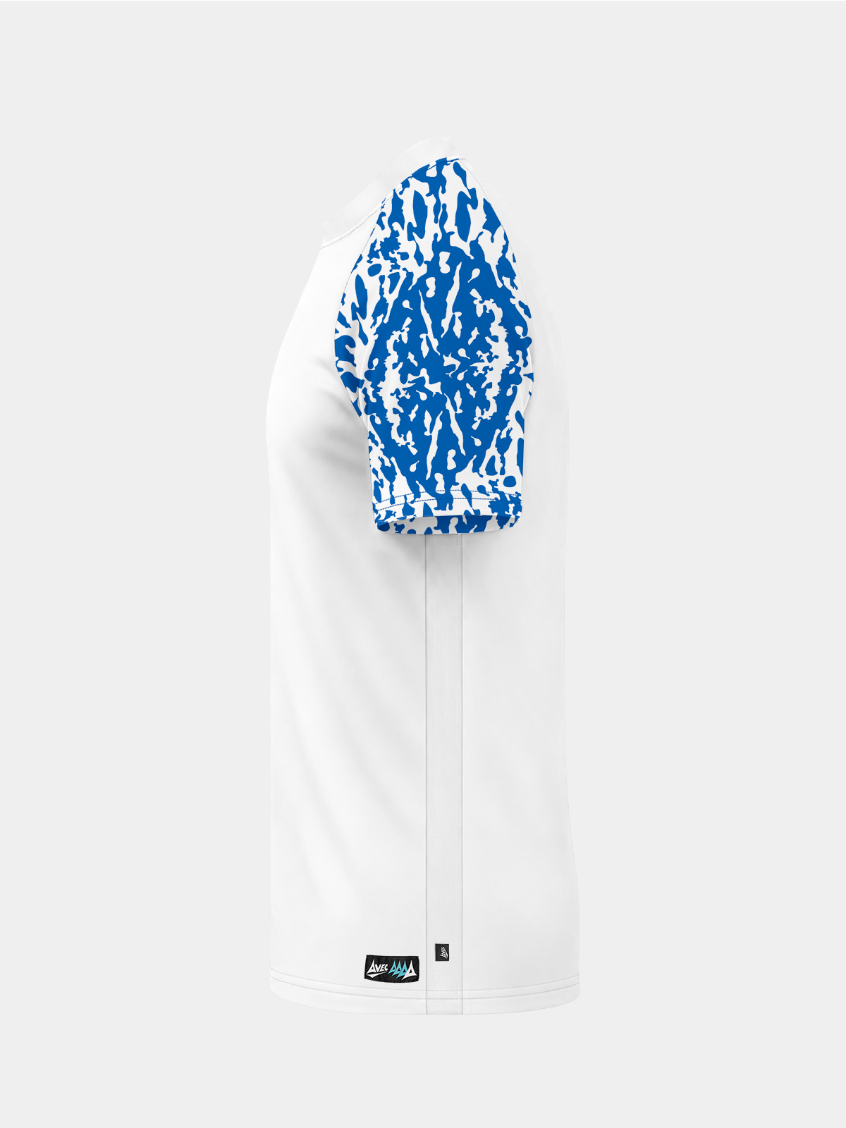 	left side perspective of the white and royal jersey, highlighting the technical royal blue mesh side panels.