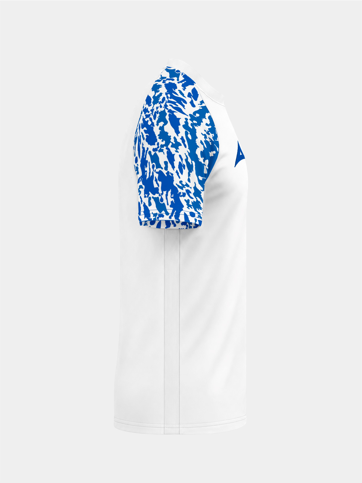 	right profile of the white and royal classic pro shirt, displaying the streamlined sleeve and embroidered branding.