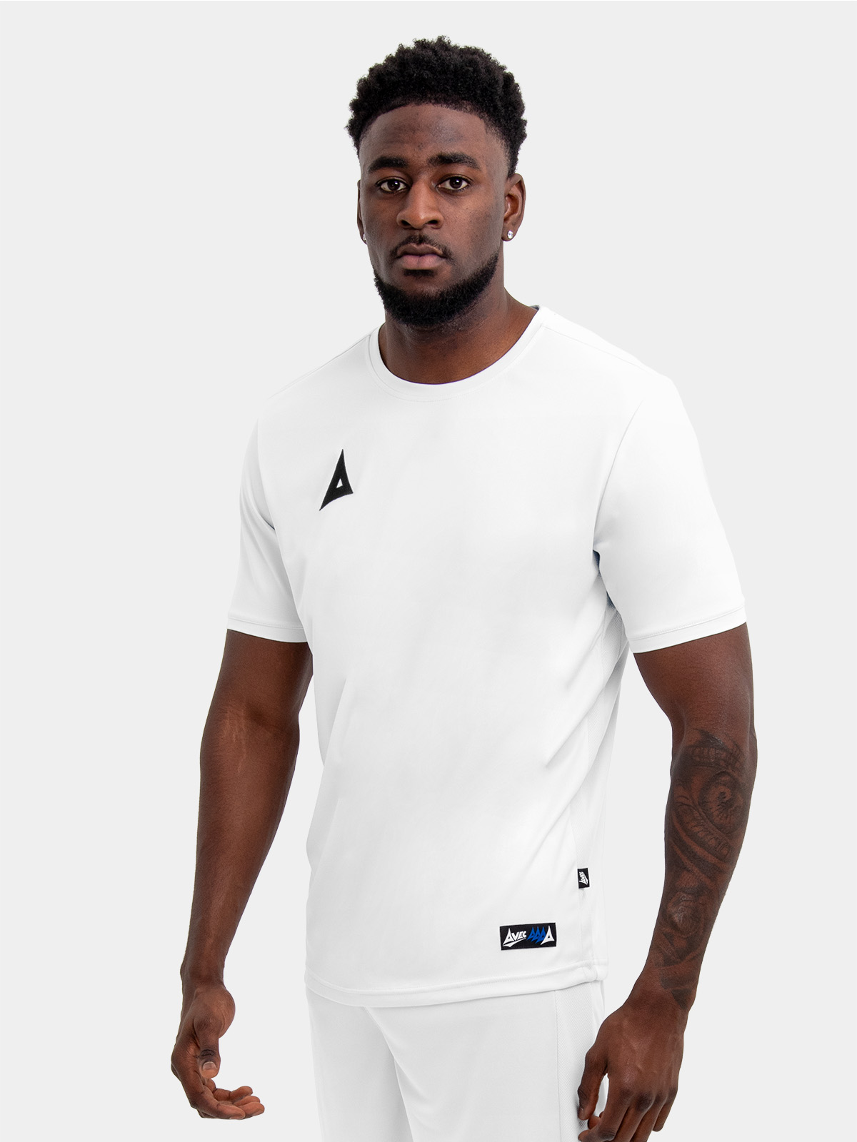 	a classic white football shirt with black logo can be worn with white shorts or black shorts
