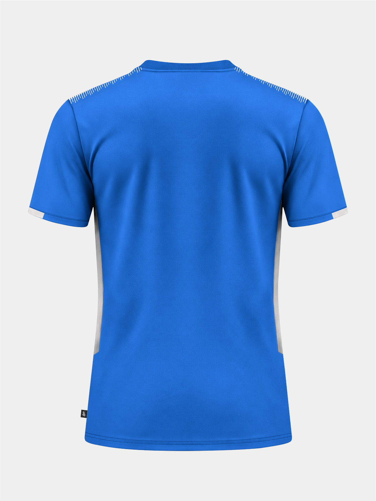 	rear perspective of the royal blue training shirt, providing a clean layout for team printing.